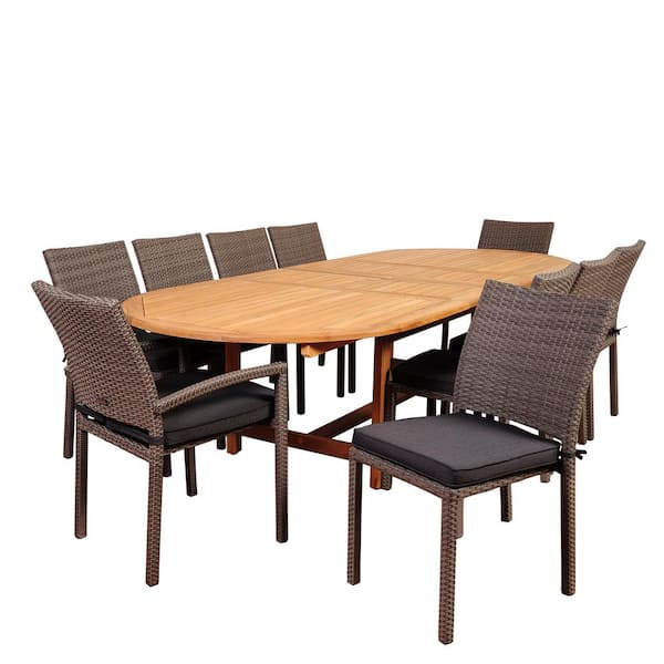 Amazonia Jameson 11-Piece Teak/Wicker Double Extendable Oval Patio Dining Set with Grey Cushions