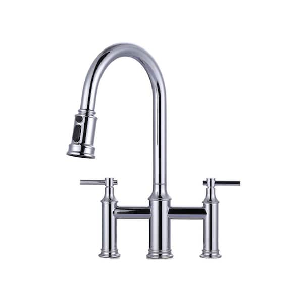 1 or 3 Holes Brass Double Handle Bridge Kitchen Faucet with 3-Mode Pull Down Sprayer and Supply Lines in Polished Chrome