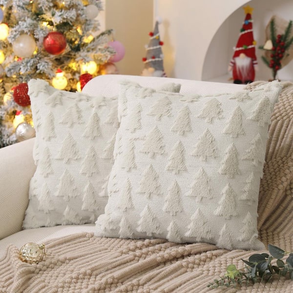 White 18 in. x 18 in. Christmas Tree Patterned Soft Plush Jacquard Throw Pillow Cover for Bedroom Sofa (Set of 2)