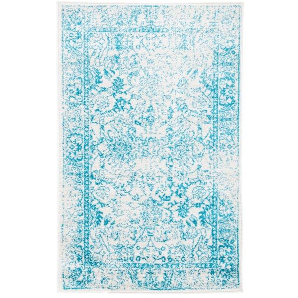 Adirondack 3 ft. x 5 ft. Ivory/Teal Border Distressed Area Rug