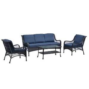 Hand-woven Rattan Outdoor Conversation Set 4 -Piece Metal Patio Conversation Set with Coffee Table and Navy Blue Cushion