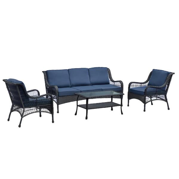 ITOPFOX Hand-woven Rattan Outdoor Conversation Set 4 -Piece Metal Patio Conversation Set with Coffee Table and Navy Blue Cushion