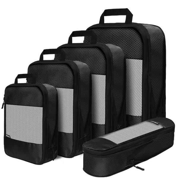 Expandable Waterproof 5 Pack Packing Cubes, Lightweight 210D Polyester Travel Storage Bags for Vacation, Camping, Black