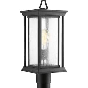 Endicott Collection 1-Light Textured Black Clear Seeded Glass Craftsman Outdoor Post Lantern Light