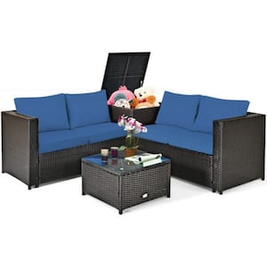 4-Piece Wicker Outdoor Patio Conversation Set Rattan Furniture Set with Navy Cushions, Loveseat and Storage Box