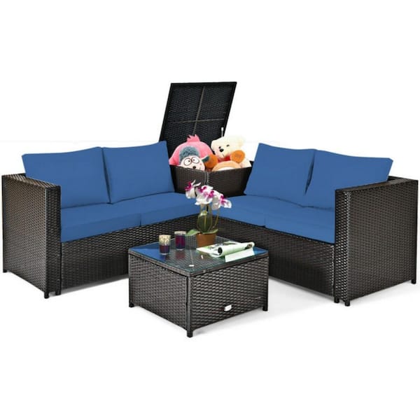 Clihome 4-Piece Wicker Outdoor Patio Conversation Set Rattan Furniture Set with Navy Cushions, Loveseat and Storage Box