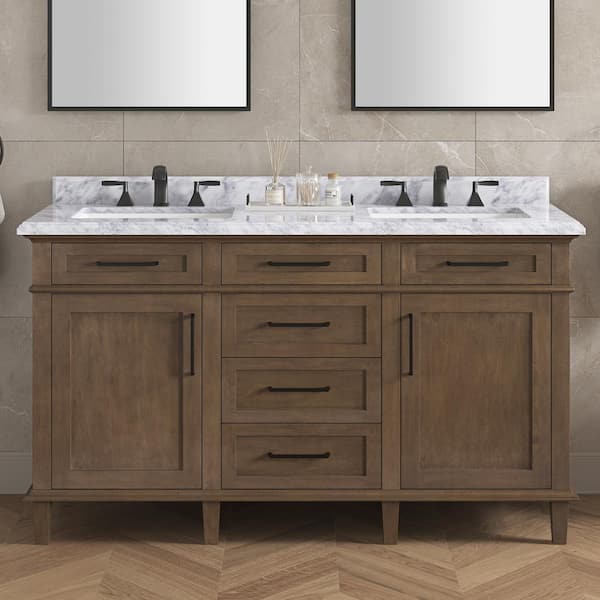 Home Decorators Collection Sonoma 60 in. Double Sink Almond Latte Bath Vanity with Carrara Marble Top (Assembled)