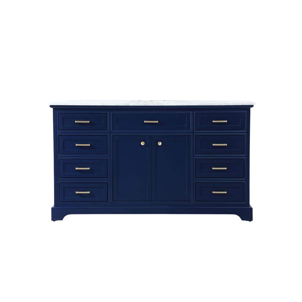 Timeless Home 60 in. W Single Bath Vanity in Blue with Marble Vanity Top in