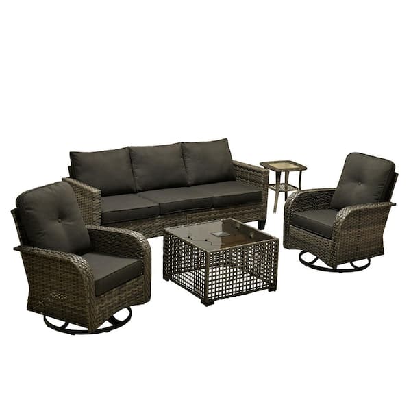 Daphne 5-Piece Wicker Patio Conversation Sofa Seating Set with Swivel Rocking Chairs and Black Cushions