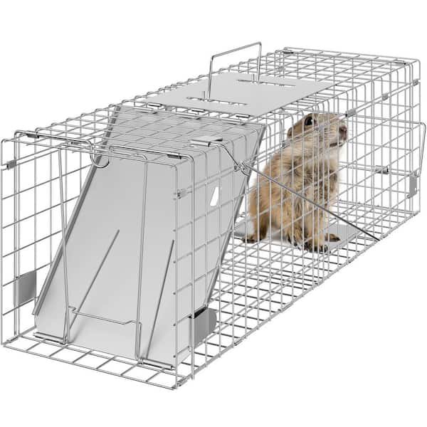 VEVOR Live Animal Cage Trap 24 in. x 8 in. x 8 in. Humane Cat Trap Galvanized Iron Folding Animal Trap with Handle