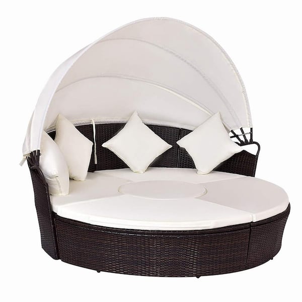 CASAINC Brown 1-Piece Wicker Outdoor Sofa Recliner with Sunbrella White Foam Cushions