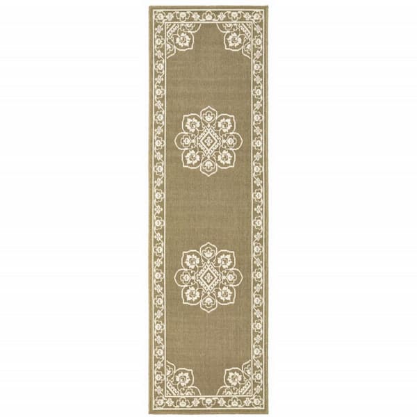 Tan 2 ft. x 8 ft. Loomed Oriental Polypropylene Rectangle Indoor/Outdoor Area Rug