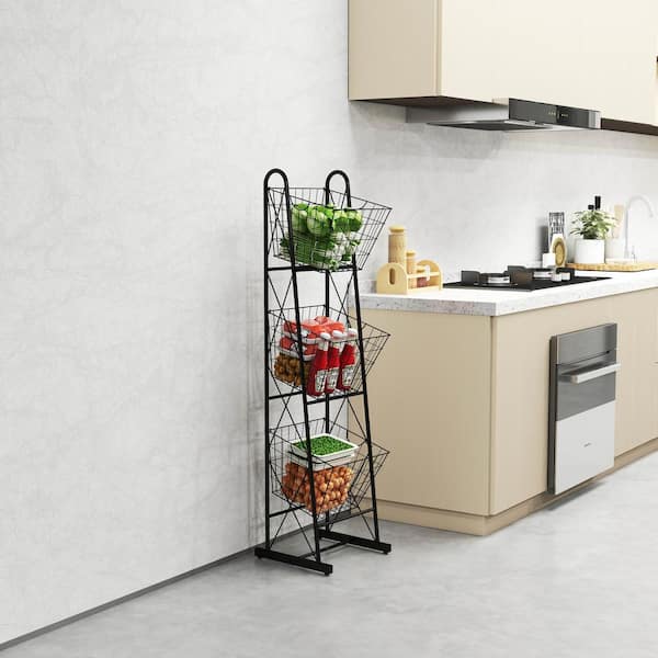 Tileon 3-Tier Kitchen Storage Basket Organizer, Freestanding Metal Wire Rack for Fruit, Vegetables, and Pantry Items in Black