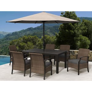 7-Piece Wicker Outdoor Dining Set Sectional Seating Arm Chair Table Set with Grey Cushions