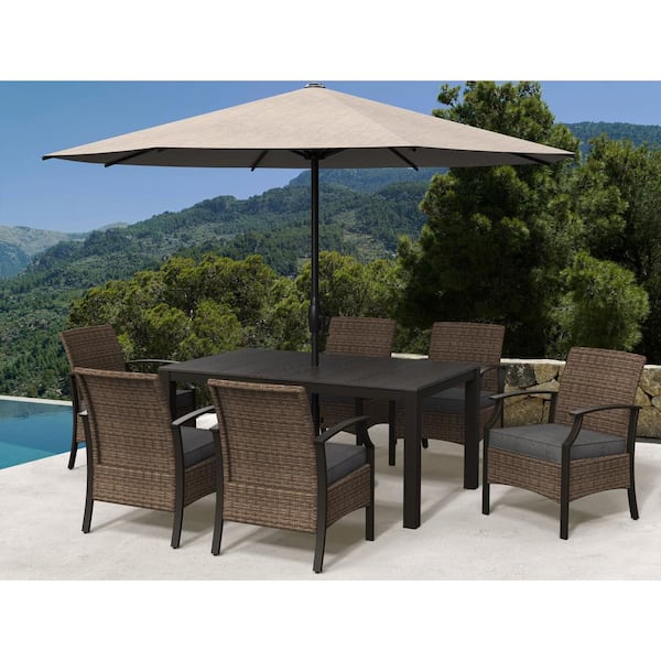 Mondawe 7-Piece Wicker Outdoor Dining Set Sectional Seating Arm Chair Table Set with Grey Cushions