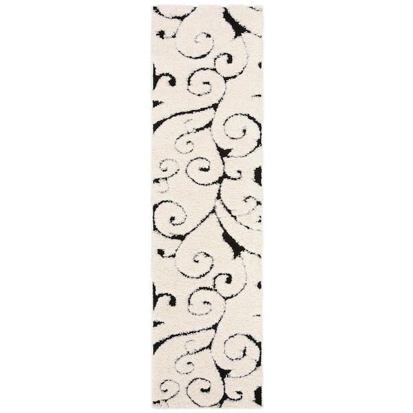Florida Shag Ivory/Black 2 ft. x 19 ft. Floral Runner Rug