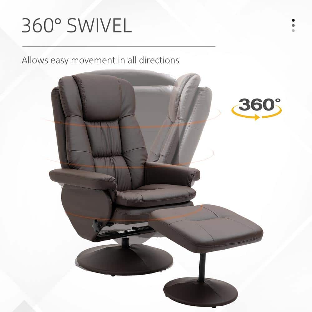 Swivel Brown Faux Leather Recliner with Ottoman and Metal Base