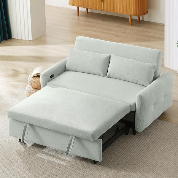 Harper & Bright Designs 57.4 in. Light Gray-Green Corduroy Fabric Twin Size Pull-Out Sofa Bed Convertible Loveseat with Throw Pillows, USB Port