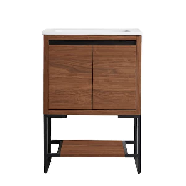 WELLFOR 24 in. W x 18 in. D x 35 in. H Freestanding Bath Vanity in Brown Ebony with White Ceramic Top and Shelf
