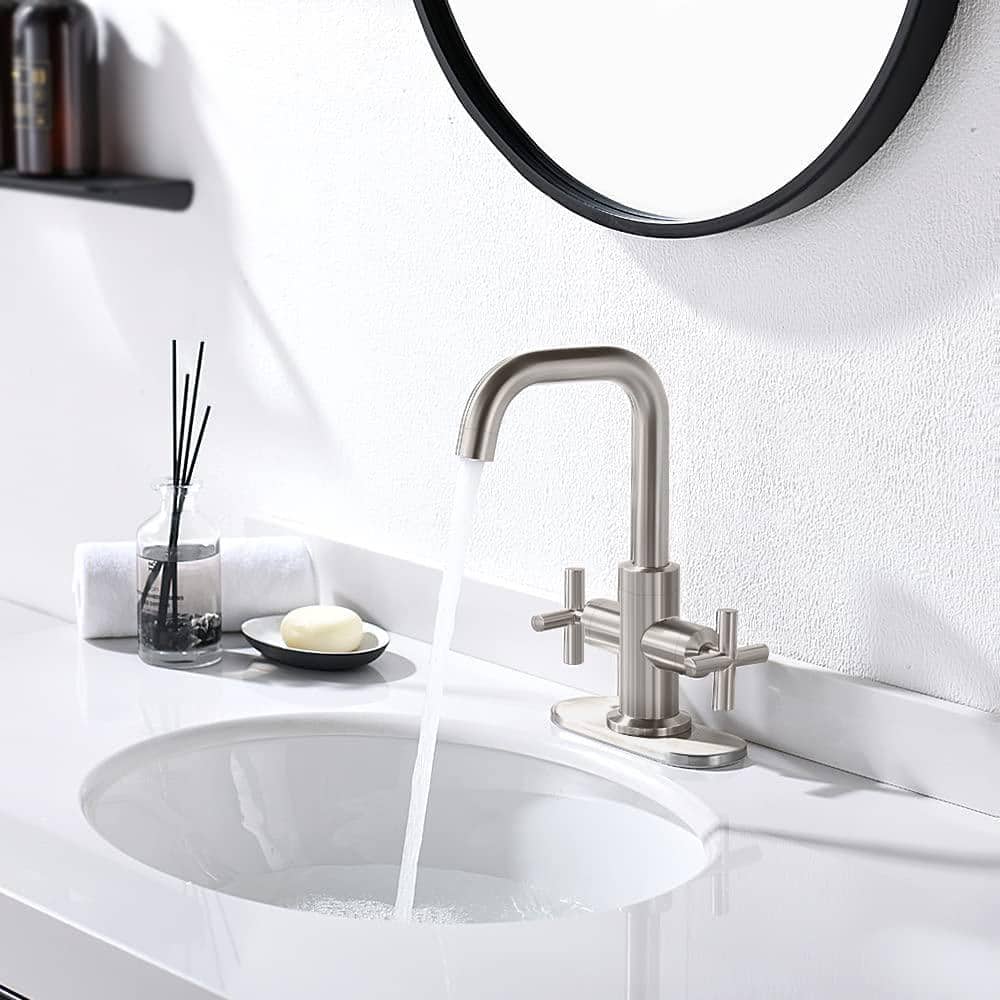 Brushed Nickel 4-Inch Centerset 2-Handle Bathroom Faucet with Drain