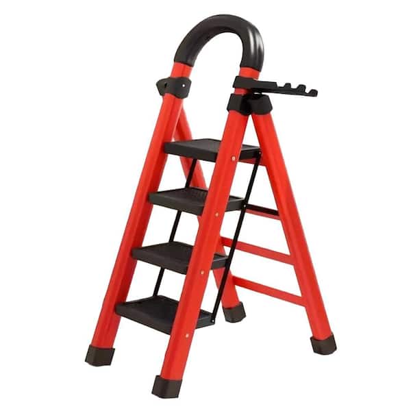 3.7 ft. Steel Portable Step Stool (8 ft. Reach) with Anti-Slip Pedals 500 lb. Load Capacity, Red