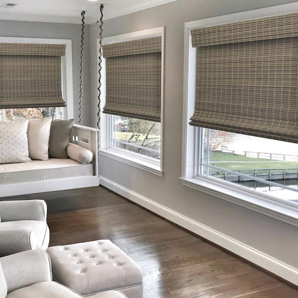 Radiance Farmhouse Cut-to-Size Driftwood Gray Cordless Semi-Private Flat Bamboo Roman Shade Window Blind - 23 in. W x 64 in. L