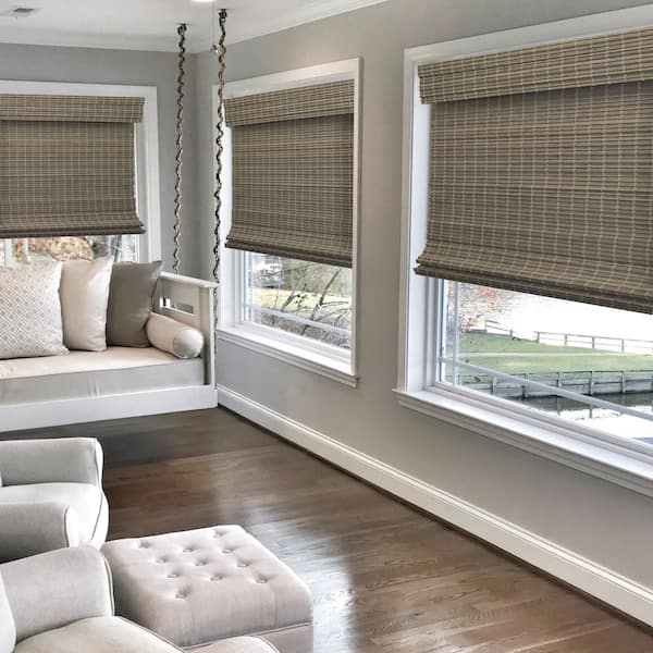 Farmhouse Cut-to-Size Driftwood Gray Cordless Semi-Private Flat Bamboo  Roman Shade Window Blind - 27 in. W x 64 in. L