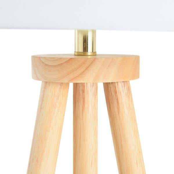 Natural Wood Tripod Floor Lamp with White Linen Shade