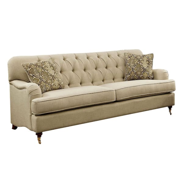 Laney 38.00 in. Beige Solid Fabric 3-Seat Bridgewater Sofa with Casters