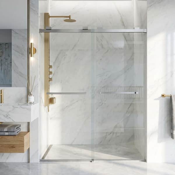 Houston 56 to 60 in. W x 76 in. H VMotion Sliding Frameless Shower Door in Stainless Steel with 3/8 in. Clear Glass