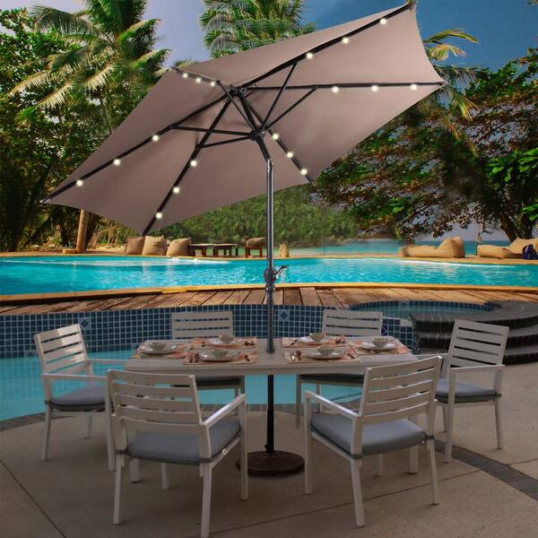 Solar LED Patio Umbrella Yard Parasol Beach Pool Sunshade Tilt Crank 9ft 10ft 