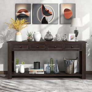63 in.Espresso Rectangle Wood Long Console Table with 4 Drawers and Bottom Shelf, Sofa Table for Entryway Hallway