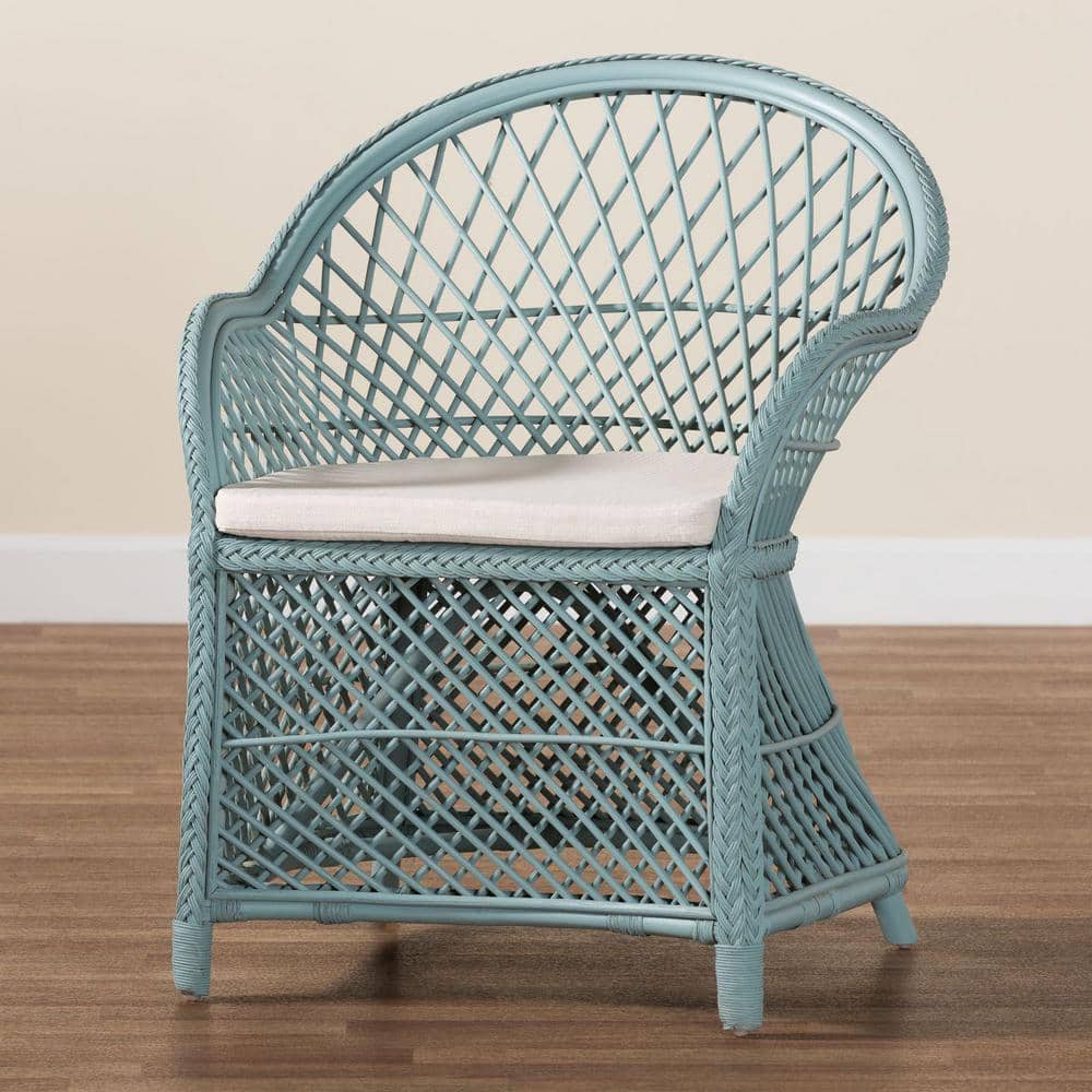 Handcrafted Light Blue Rattan Accent Chair with Cushion