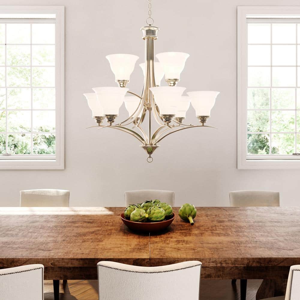 Trinity 9-Light Brushed Nickel Two-Tier Chandelier with Etched Glass Shades