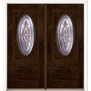74 in.x81.625 in. Silverdale Zinc 3/4 Oval Lite Stained Chestnut Mahogany Left-Hand Fiberglass Double Prehung Front Door