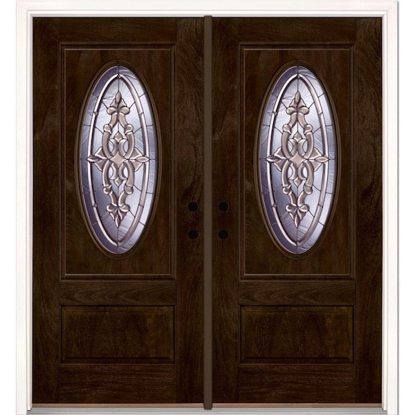 Feather River Doors 74 in.x81.625 in. Silverdale Zinc 3/4 Oval Lite Stained Chestnut Mahogany Left-Hand Fiberglass Double Prehung Front Door