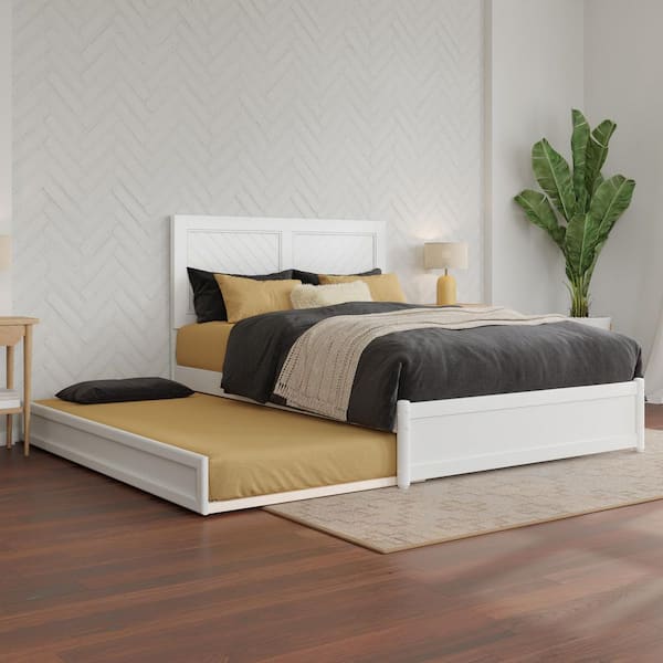 AFI Clayton White Solid Wood Frame Full Platform Bed with Panel Footboard and Twin Trundle