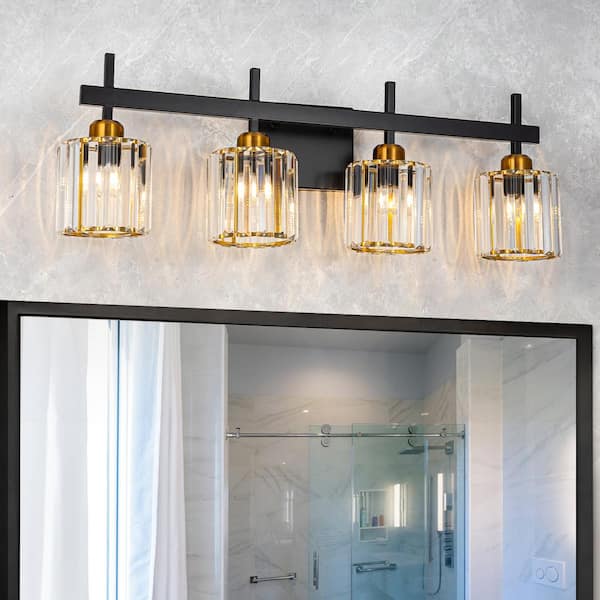 Schonbek 28.35 in. 4-Lights Black and Gold Modern Crystal Bathroom Vanity Light Over Mirror with Crystal Shades