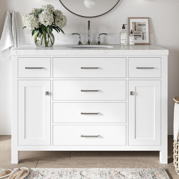 ARIEL Bristol 48.25 in. W x 22 in. D x 36 in. H Single Sink Freestanding Bath Vanity in White with Carrara White Quartz Top