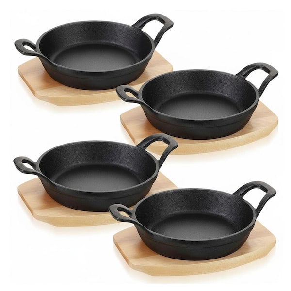 4-Piece Pre-Seasoned Cast Iron Skillet Set with Wooden Tray, Black, Oven & Induction Safe, Versatile Cookware