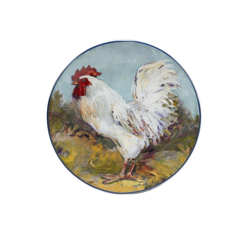 Colorful Ceramic Round Salad Plates with Rooster Design, Set of Four