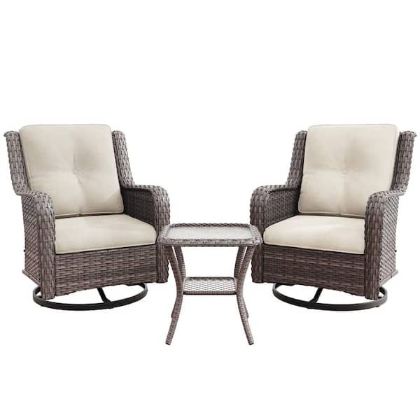 3-Piece Wicker Patio Conversation Set with Beige Cushions All-Weather Swivel Rocking Chairs