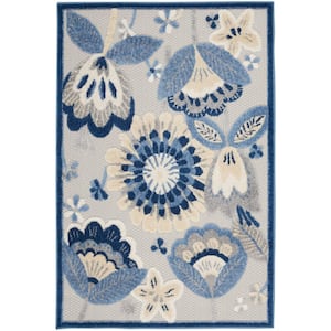 Aloha Blue/Gray 3 ft. x 4 ft. Floral Contemporary Indoor/Outdoor Patio Kitchen Area Rug