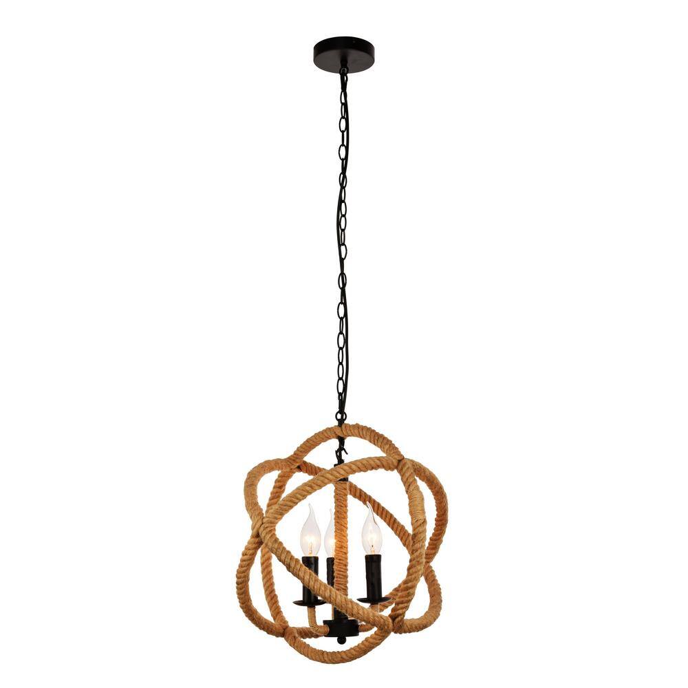 Timeless Home 15.7 in. 3-Light Black and Brown Pendant Light, Bulbs Not Inc