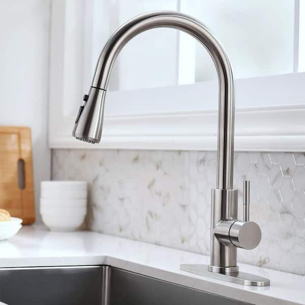 Modern 3 Spray Mode Single-Handle Pull-Down Sprayer Kitchen Faucet with Lead-free in Stainless Steel Brushed Nickel