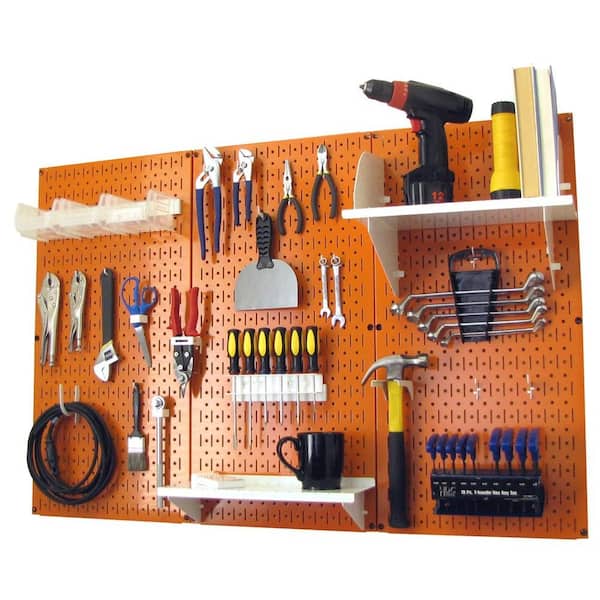 32 in. x 48 in. Metal Pegboard Standard Tool Storage Kit with Orange Pegboard and White Peg Accessories