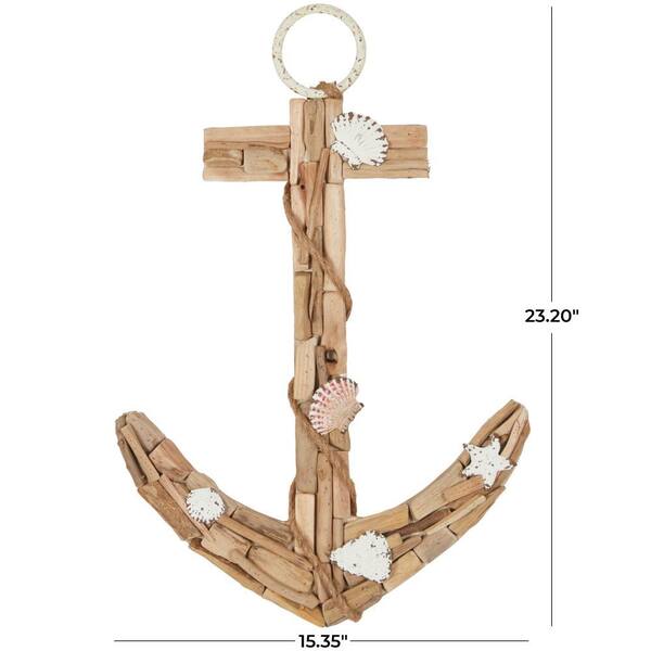 Wood Brown Handmade Driftwood Inspired Anchor Wall Decor with Shell and Rope Accents Wall Art