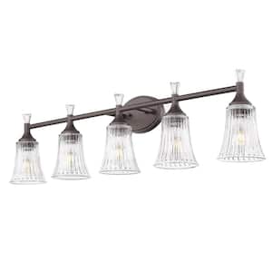 38 in. Modern 5-Light Oil Rubbed Bronze Finish Vanity Lighting Fixtures with Bell Shaped Fluted Glass