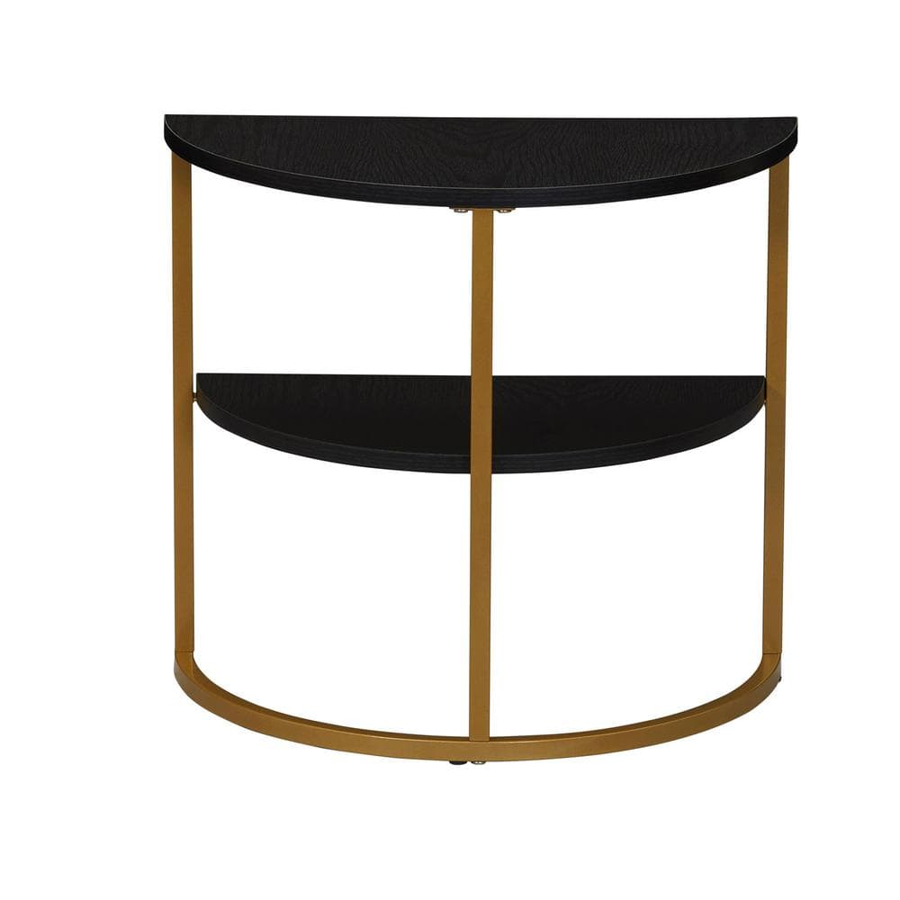 Black Oak and Gold Half-Moon 2-Tier End Table