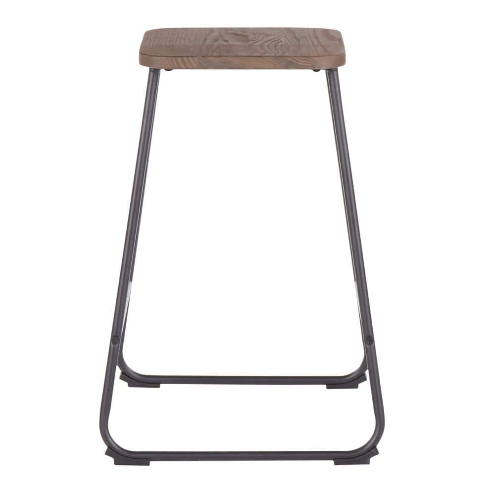 Industrial Black Metal and Espresso Wood Backless Counter Stools, Set of 2